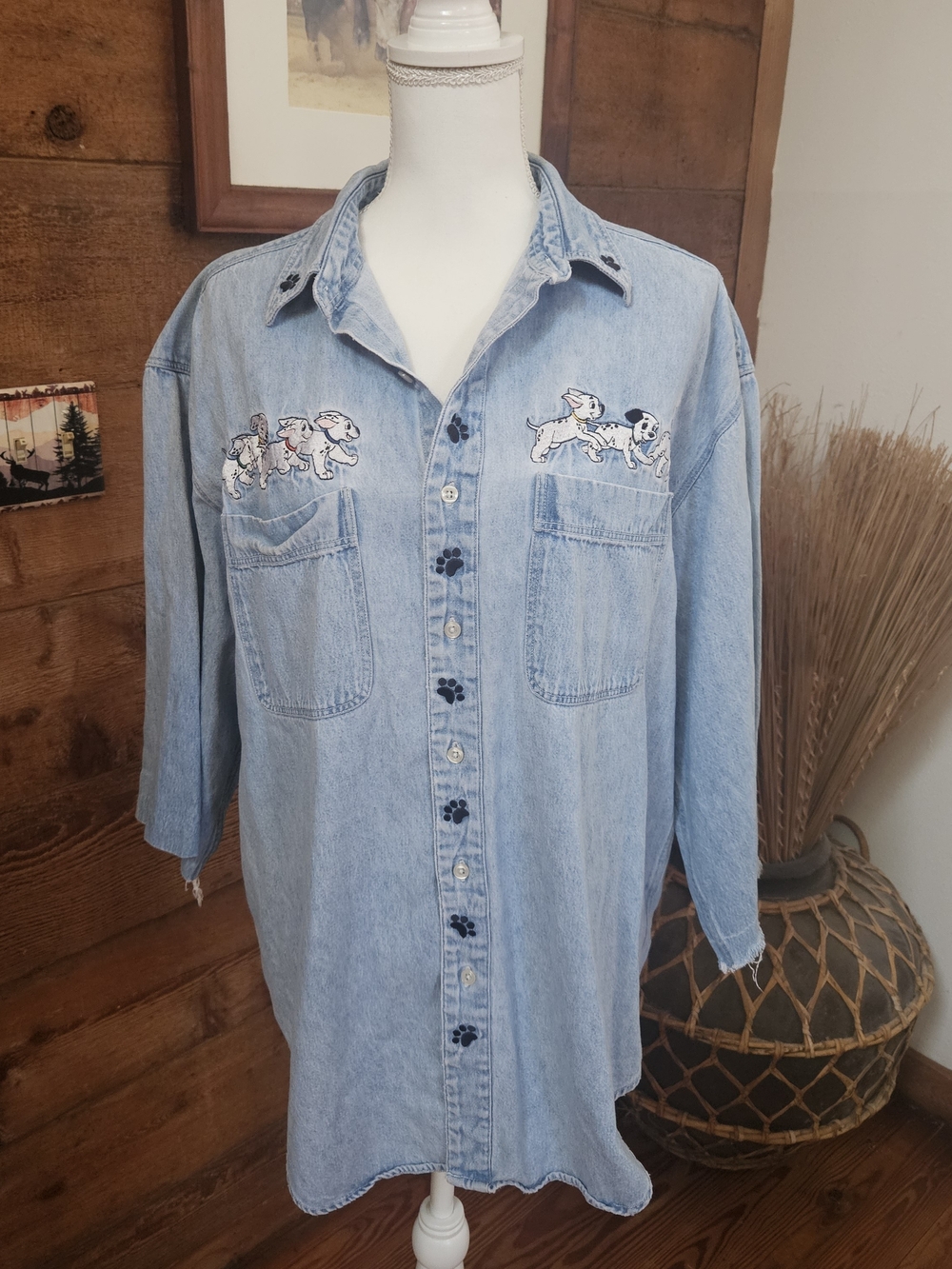 Vintage Disney Light Blue Denim Button-Front Shirt with Dalmatian Embroideries